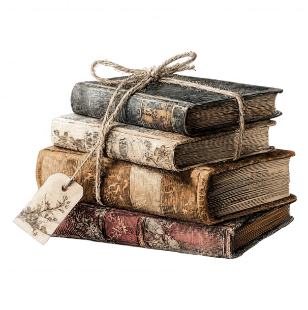 A small stack of antique, twine-tied books with a gift tag