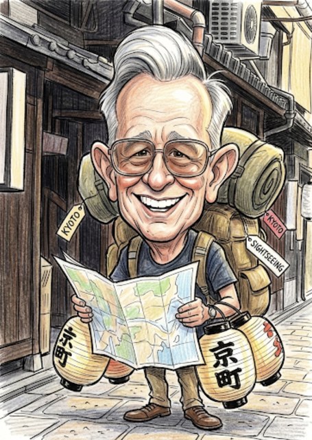 Caricature of Gordon Anton as a backpacker exploring Kyoto